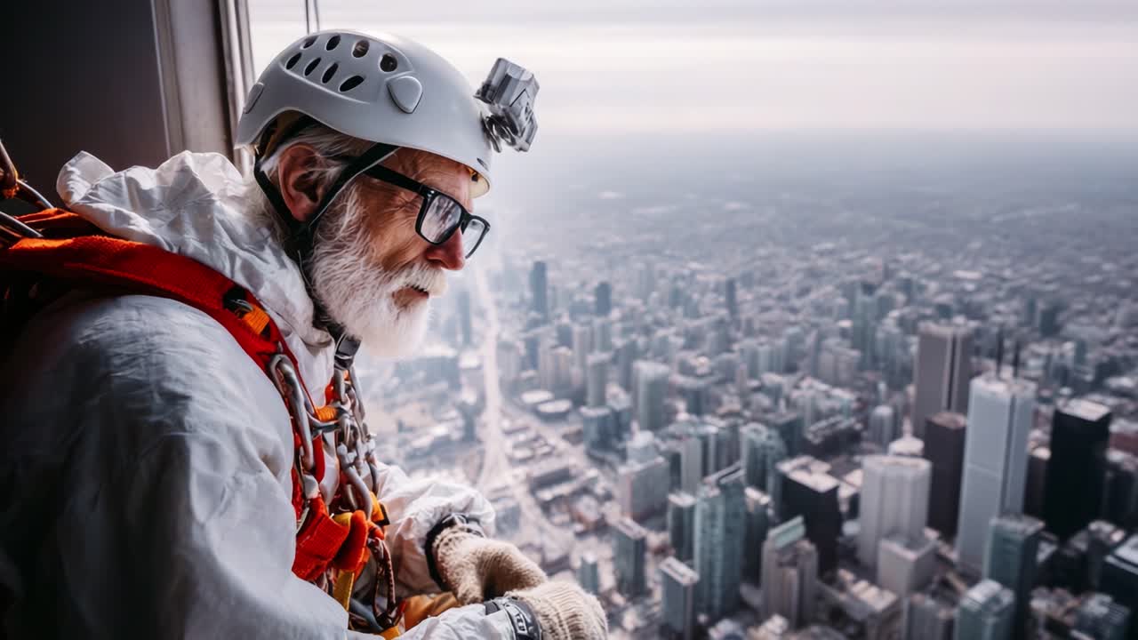 A Daredevil Adventurer Gazes Over the City Skyline from a Towering Windowsill, Embracing the Thrills of Urban Exploration with Gear and Grit in the Heart of Modernity