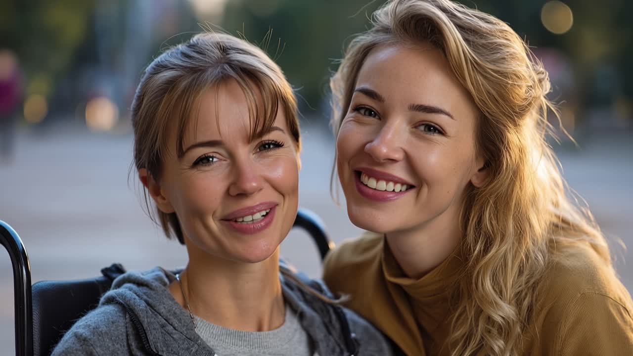Two women share a tender moment outdoors. One kisses the other's cheek affectionately. Their smiles reveal warmth and closeness. The woman in the wheelchair appears joyful