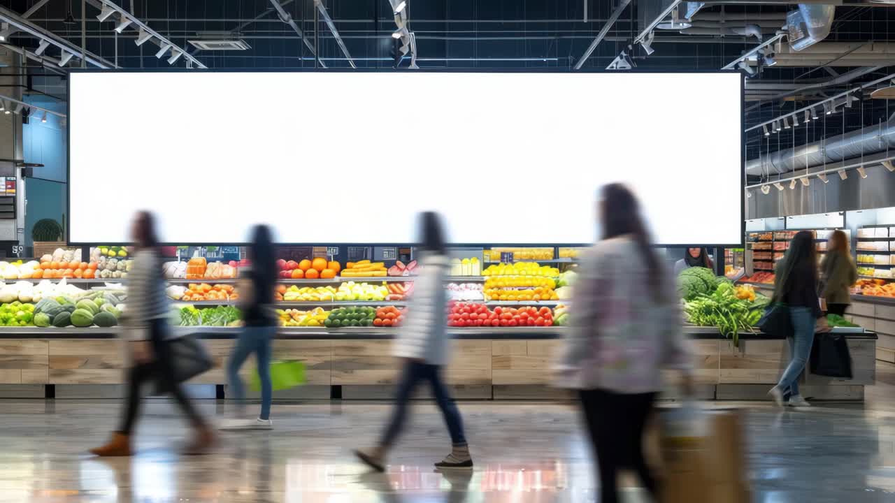 Foto grande angular da seção de hortifruti de um supermercado com compradores borrados em movimento, criando uma dinâmica