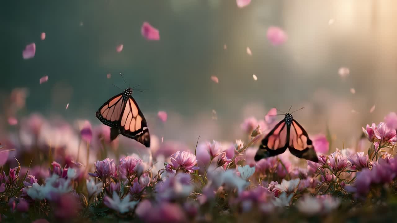 Un incontro sereno: Due farfalle danzano tra fiori in boccio in un tranquillo giardino alla luce del primo mattino.