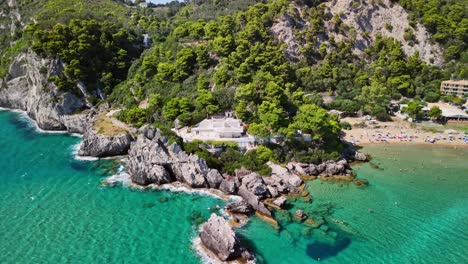Aerial view of rocky coastline with turquoise water, summer vibe, nature