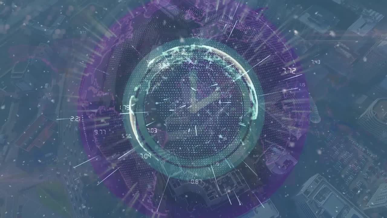 도시 풍경과 시계 위의 지구와 모양의 애니메이션