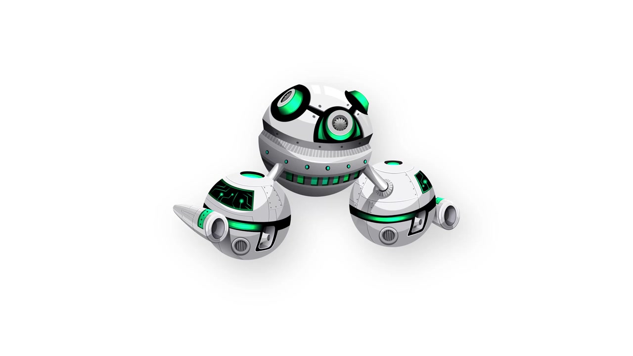 Robot sferico futuristico in rotazione su sfondo bianco.