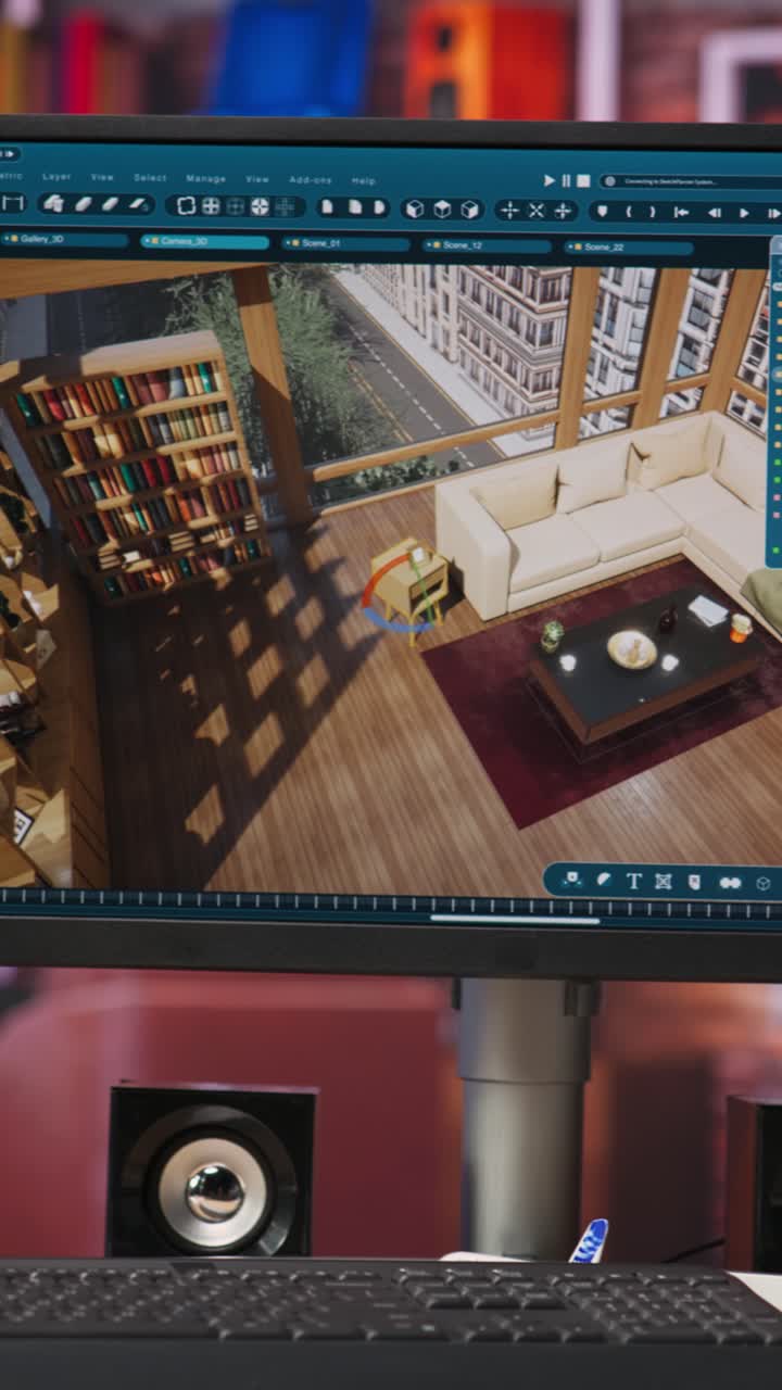 Vertical video Architectural design software on computer in home office, close up
