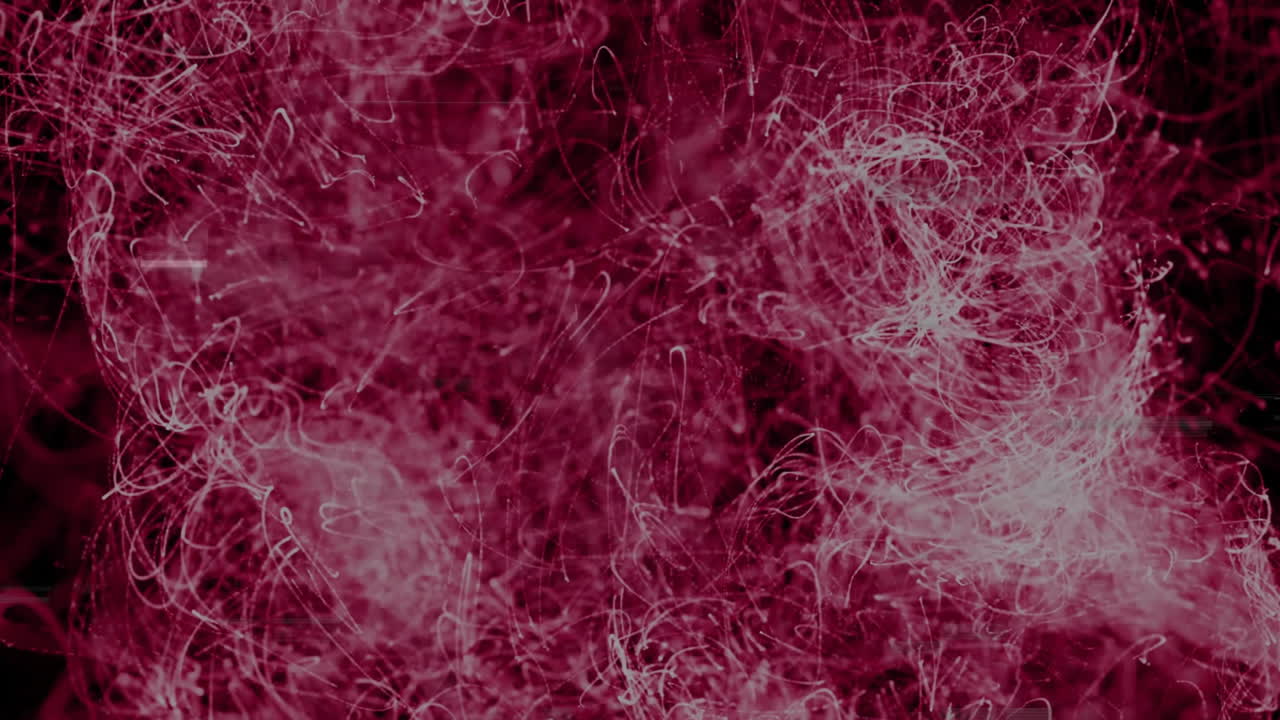 Animated illustration showing swirling magenta light trails forming dual face outlines, glitch bars