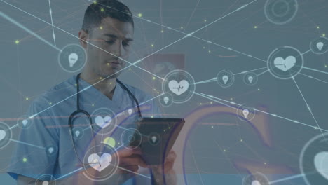 animation of icons connected with lines, programming language, caucasian doctor using tablet