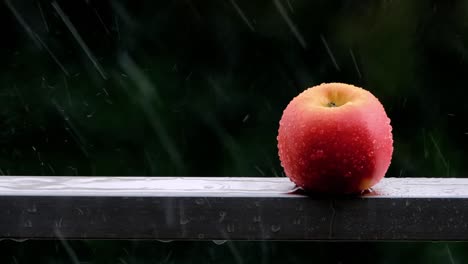 Manzana-Roja-Sobre-Una-Valla-Bajo-La-Lluvia,-Fruta-En-Un-Pasamanos-Durante-Un-Día-Lluvioso,-Comida-Orgánica-Aislada,-Fondo-Meteorológico