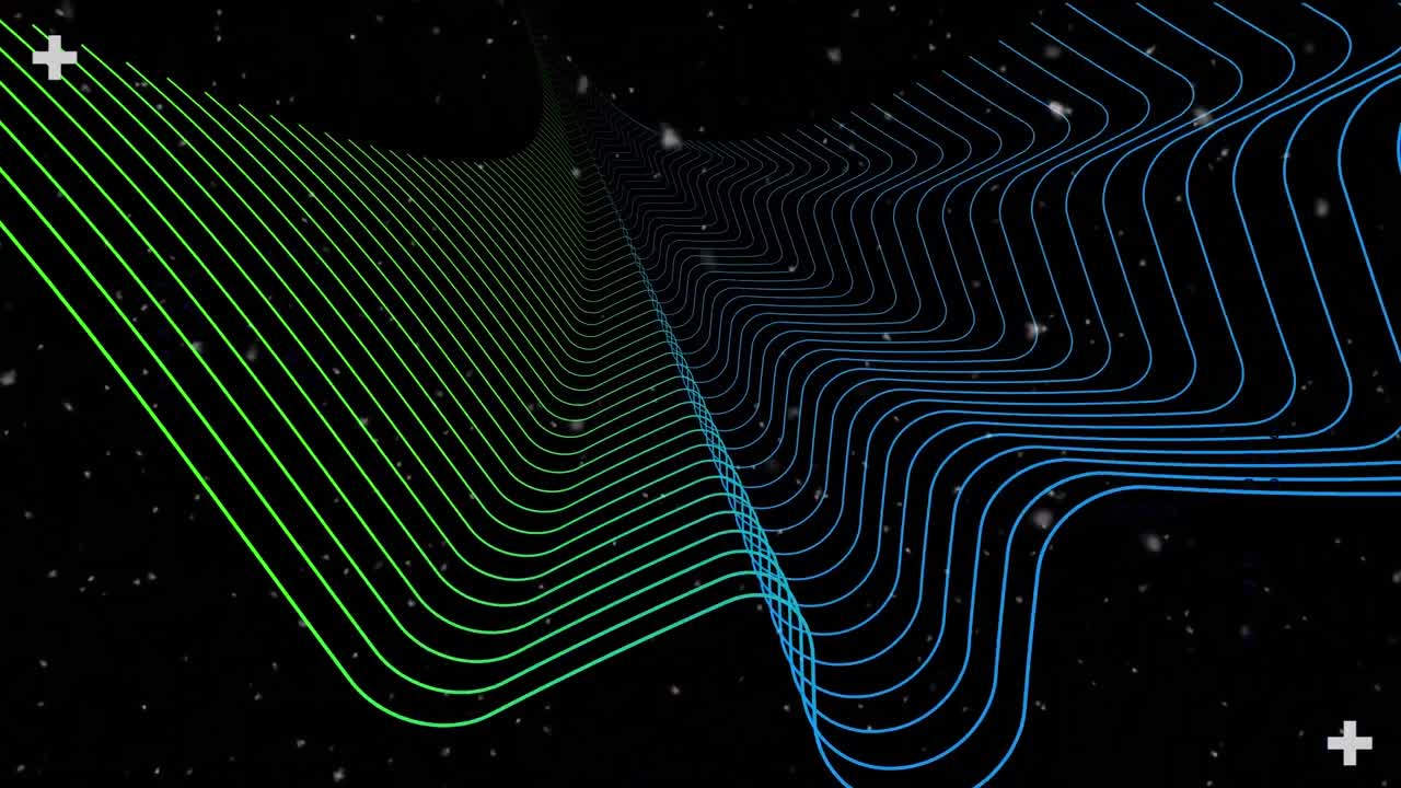 animación de nieve cayendo sobre líneas en movimiento sobre fondo negro.