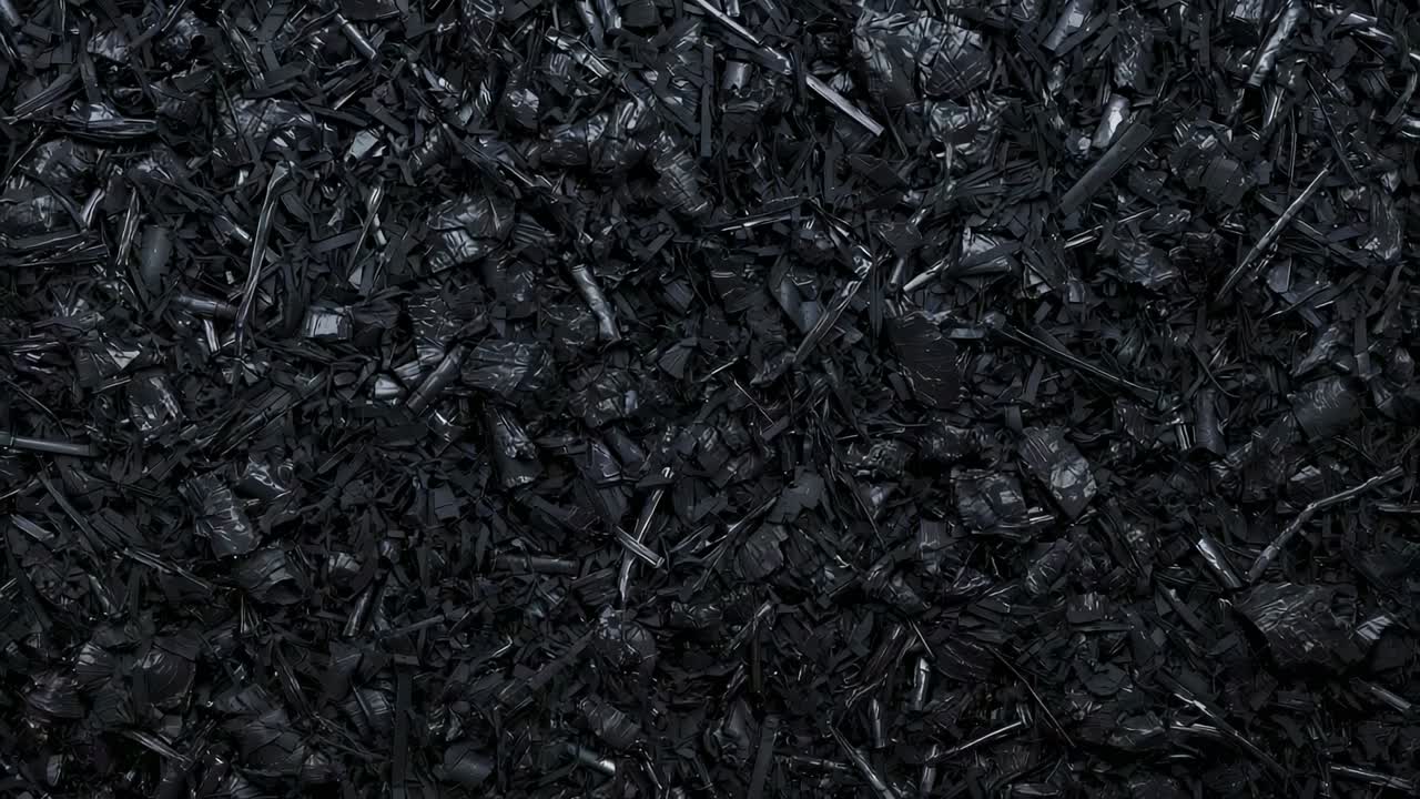 Zooming top-down camera revealing finer texture in macro close-up showing black shredded material