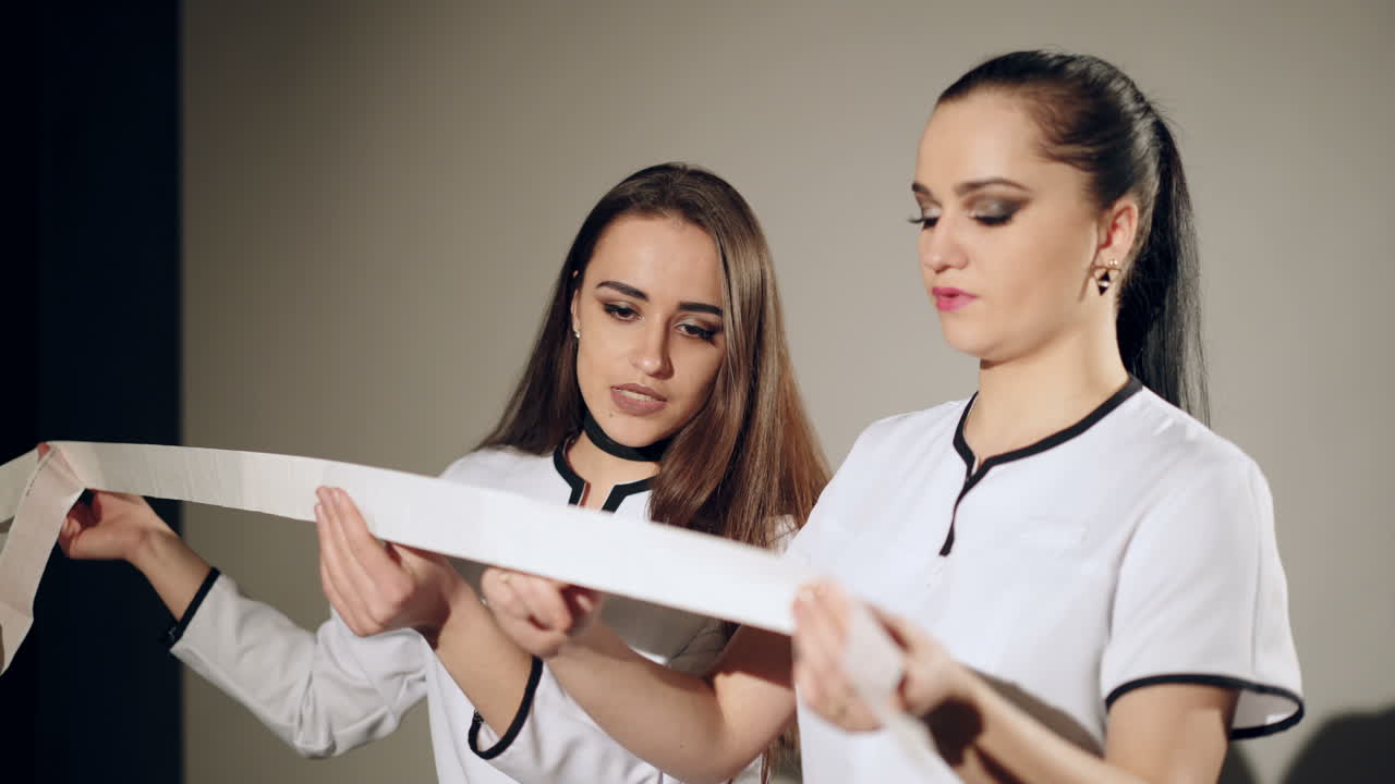 Two young doctors discuss the results of the electrocardiogram. ECG in hand.