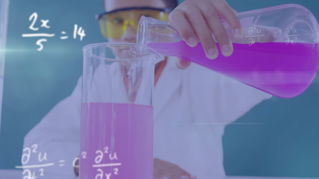 animación de ecuaciones matemáticas sobre un escolar caucásico haciendo un experimento en el laboratorio