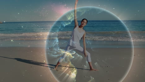 animation of connections and globe over biracial woman practicing yoga on beach at sunset