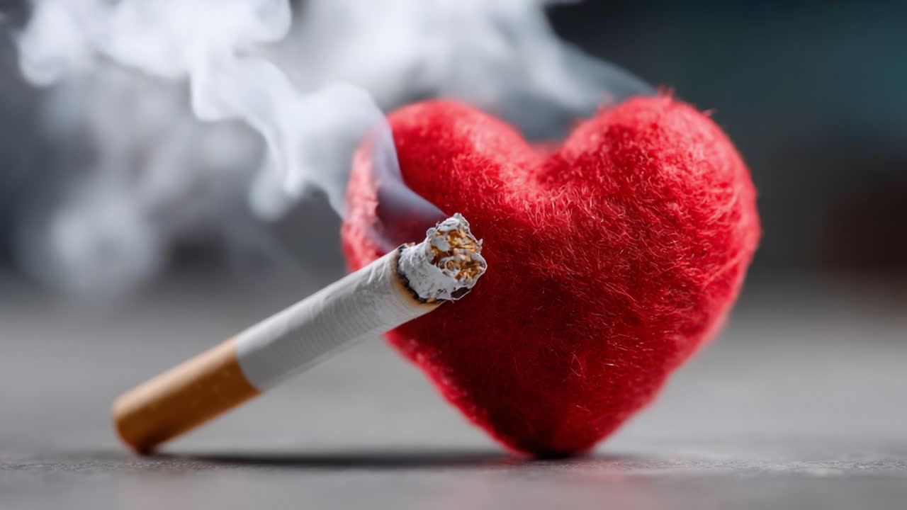 A striking visual contrast between love and harmful habits illustrated by a smoking cigarette and a soft heart shape, symbolizing the emotional turmoil of addiction