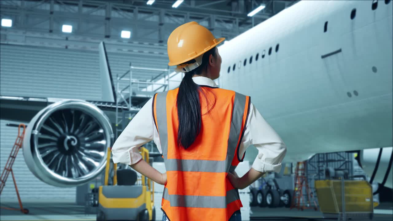 ingeniera de aviación en el hangar.
