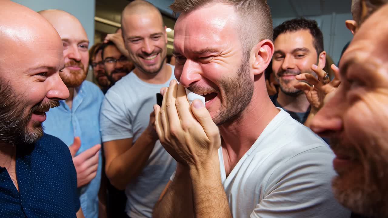 Celebrating Emotional Moments: A Group of Joyful Friends Sharing Laughter and Tears During a Heartfelt Reunion, Captured in Two Frames of an Unforgettable Gathering Together
