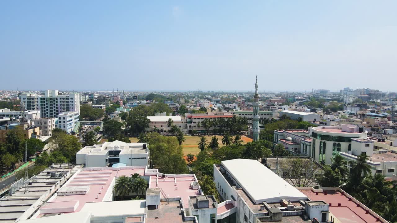 Aerial drone shot displaying a panoramic view of Hyderabad’s cityscape, with clusters of high-rise buildings and developing infrastructure.