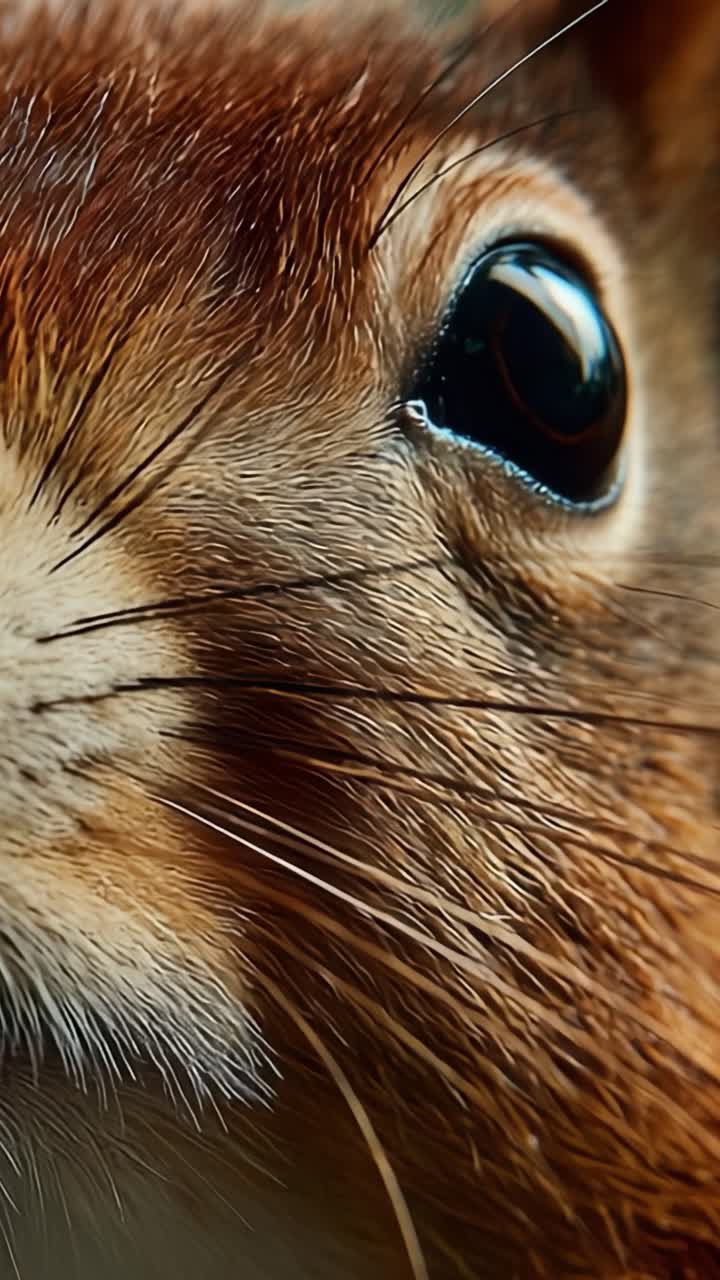 Primo piano del volto di uno scoiattolo: dettagli accattivanti che mettono in risalto i suoi baffi, gli occhi luminosi e la texture della pelliccia con una ricchezza di particolari sorprendente, mostrando la bellezza della natura.