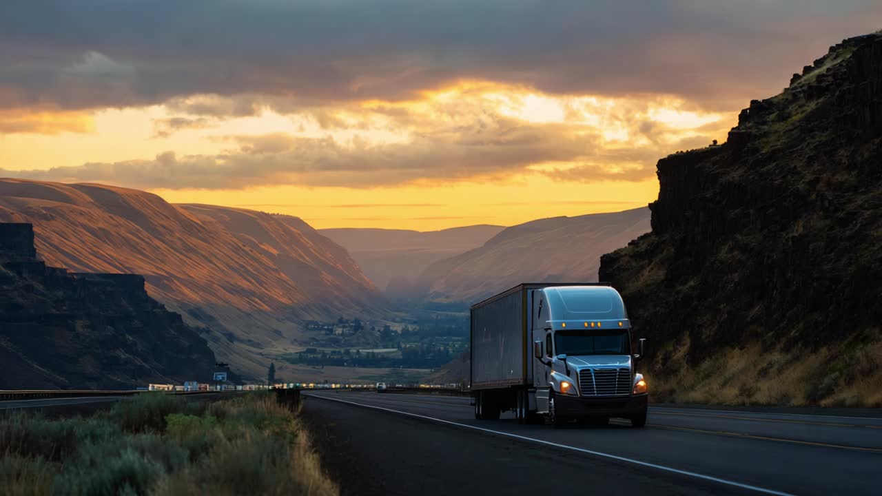 A Stunning Sunset Over Majestic Valleys: A Large Truck Travels Along a Winding Highway Nestled Between Rugged Mountains and Rolling Hills, Capturing the Beauty of Nature's Splendor in Golden Light