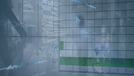 animation of statistical data processing over time-lapse of low section of people waking at office