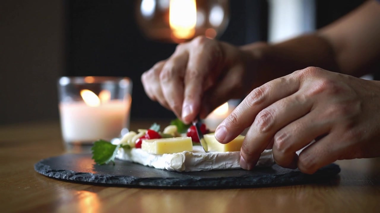 Placing hands arranging cheese slices onto soft cheese wedge on slate, nudging berry