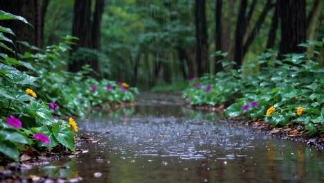 rainy forest path with flowers