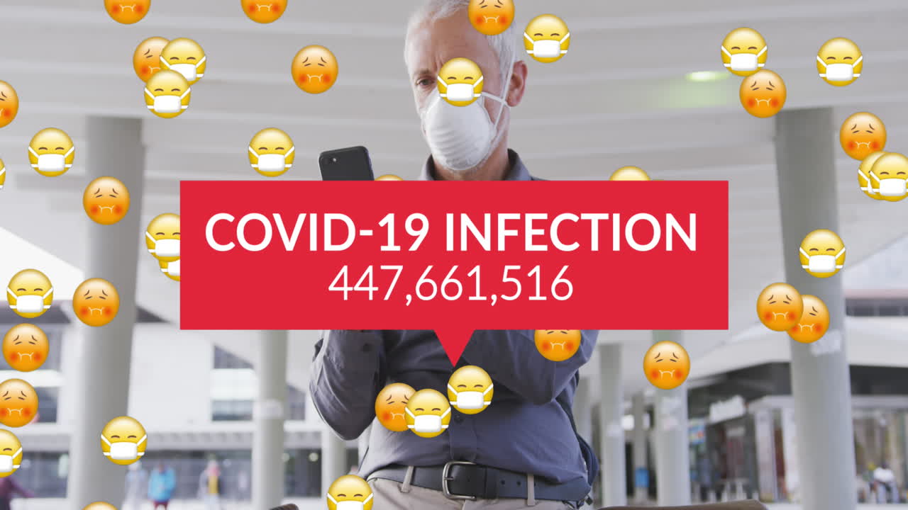 얼굴 마스크를 쓰고 있는 노인 위에 코로나19 텍스트의 애니메이션