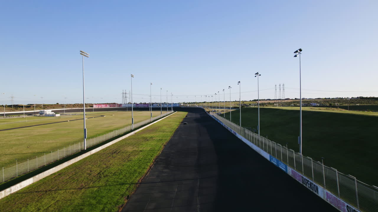 Drone flying along the Melbourne Calder park race track, in sunny Australia