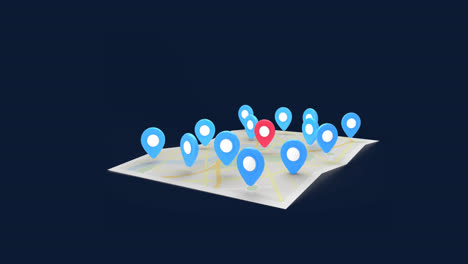 animation of red and blue location pins over map on blue background