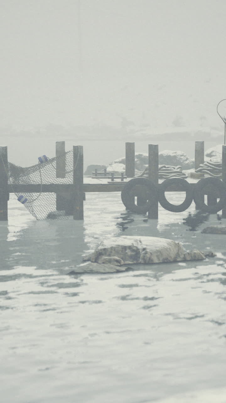 Frozen dock at a remote location during winter in a misty atmosphere