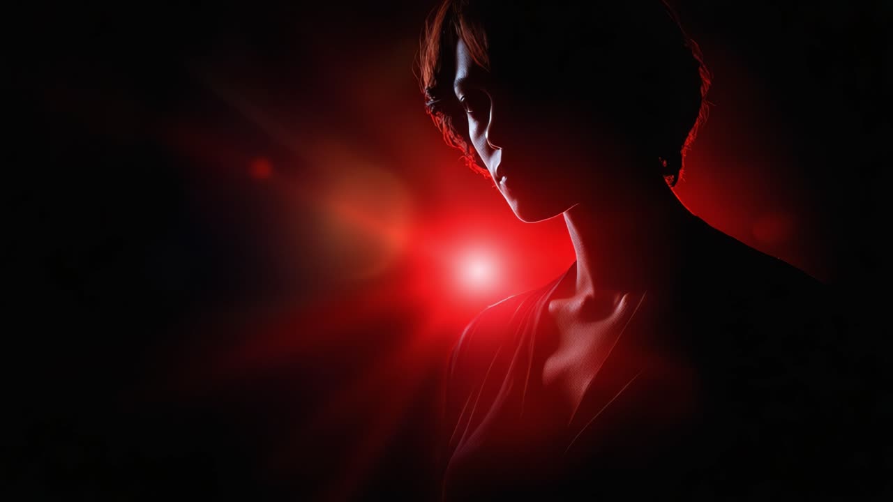 A striking silhouette of a woman illuminated by dramatic red lighting, creating an enigmatic atmosphere that captivates the viewer's attention and imagination