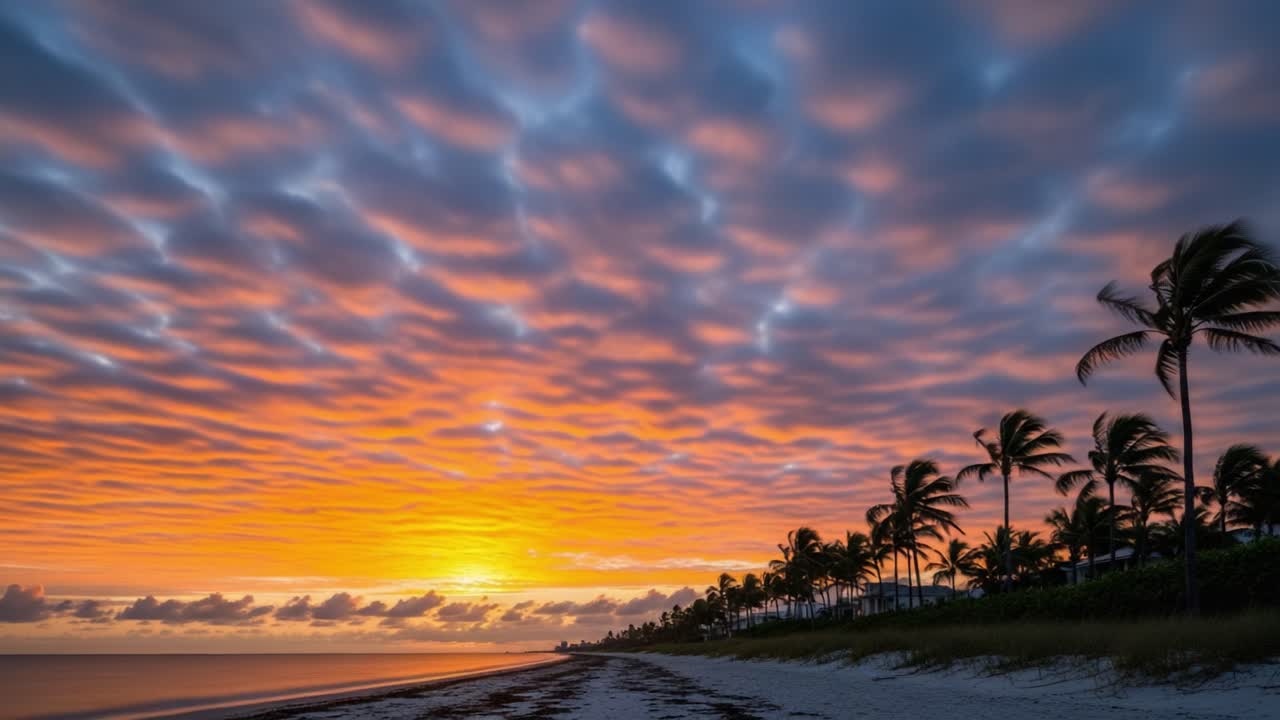 Vibrant Sunset over a Tropical Beach with Palm Trees