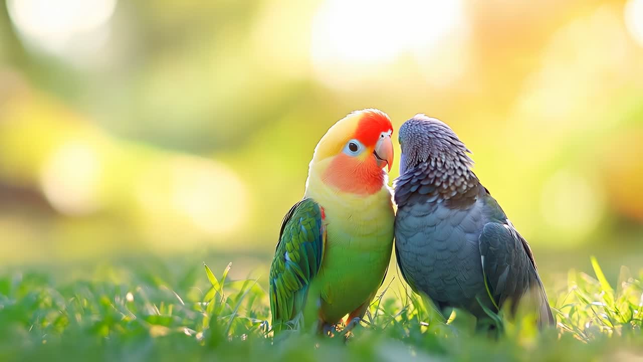 Vídeo em ângulo baixo de dois papagaios coloridos na grama, banhados pela luz quente do sol, capturando um ambiente sereno