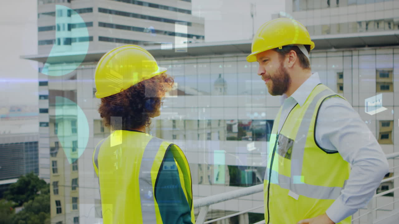 animación del procesamiento de estadísticas sobre arquitectos masculinos y femeninos hablando en el sitio de construcción