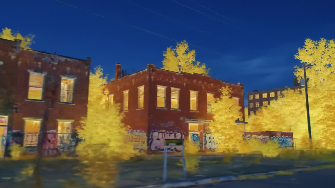 The beauty of an abandoned structure surrounded by bright autumn trees and urban street art. The evening light enhances the vivid colors, creating a stunning backdrop.