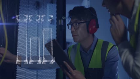 animation of graphs over diverse woman and man working in server room