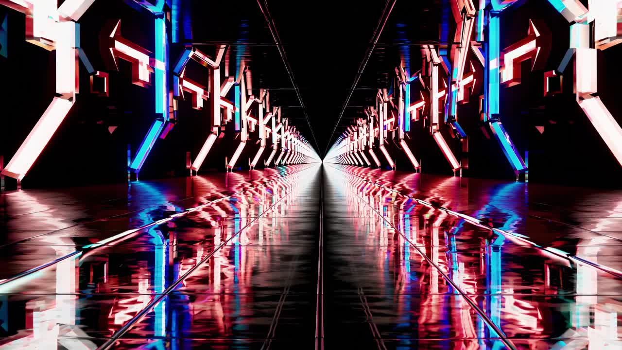 Luminous neon arrows converging inside sleek digital corridor, reflecting brightly on glossy wet surface, generating dynamic technological perspective with intense visual energy