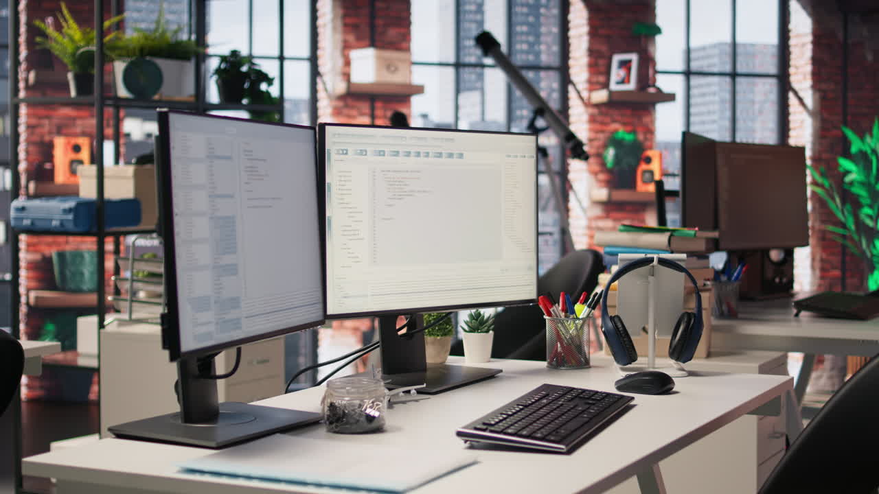 프로그래머들이 사용할 데스크 위에 pc가 있는 빈 스타트업 사무실