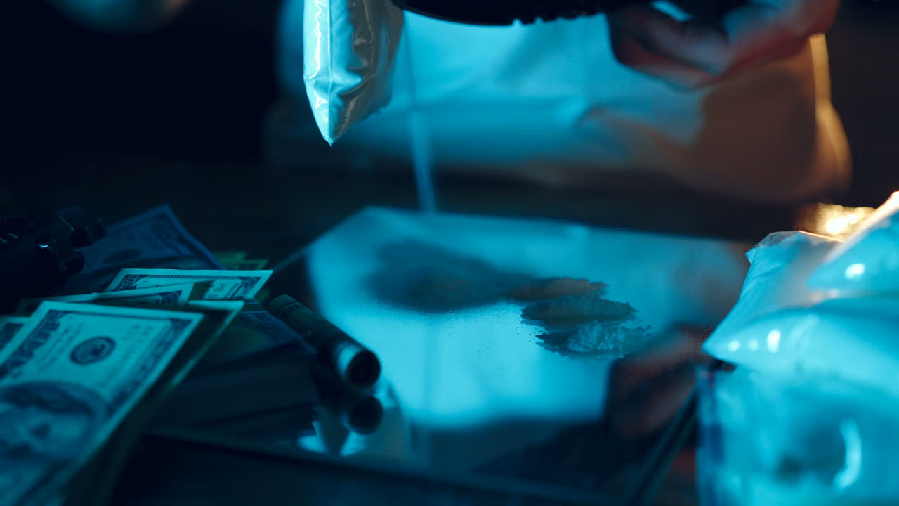 Drug dealer takes a package with a drug and cuts it with a knife to sample it. Abuse of drugs. Criminal Business