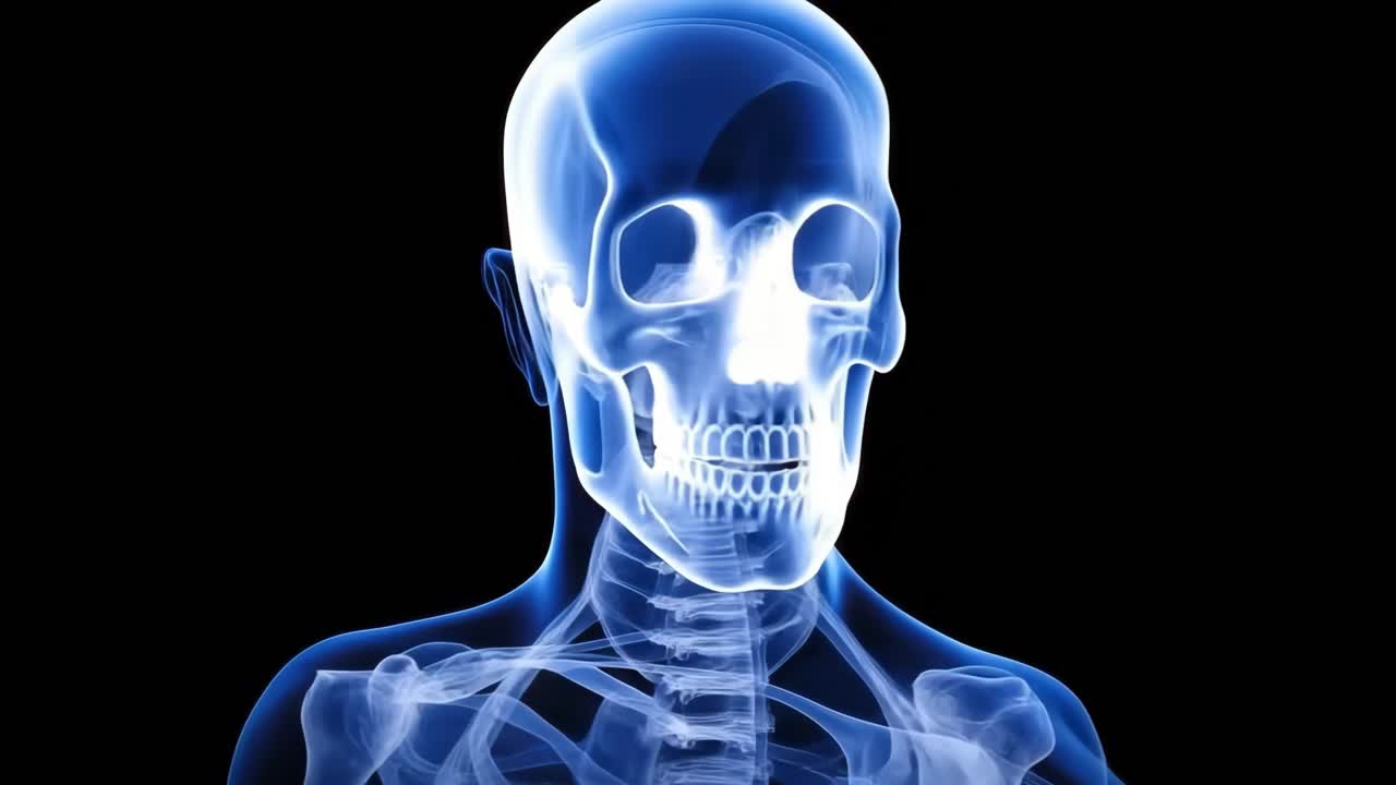 Immagine ai raggi X in stile vista laterale di un cranio e un collo umani su sfondo nero