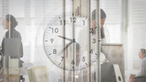 Animation-of-clock-with-fast-moving-hands-over-diverse-colleagues-at-casual-office