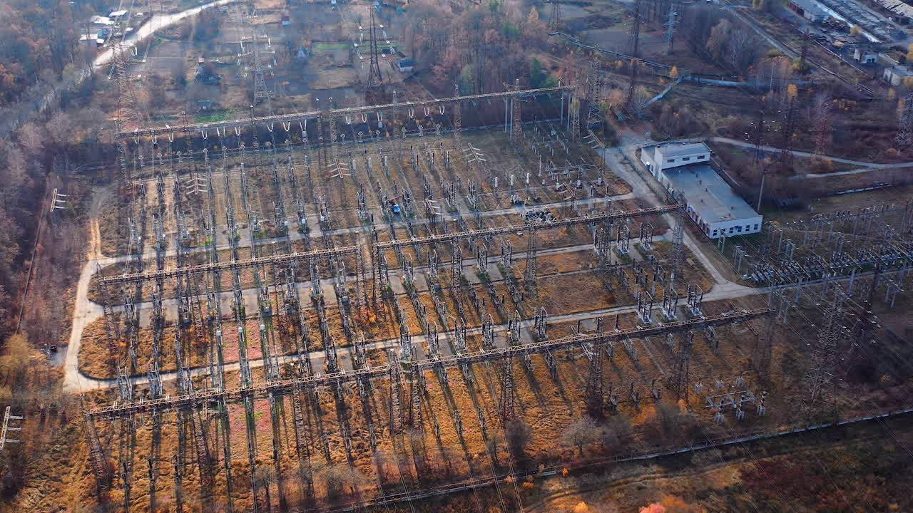 Drone view of electricity supplies. High voltage power mini electricity station.