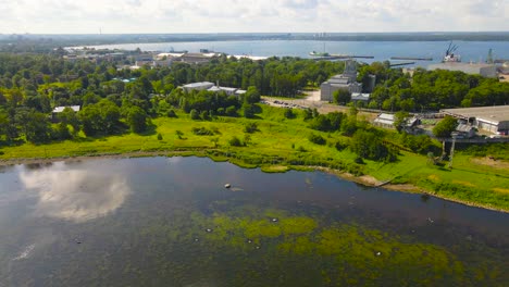 aerial drone video flying closer to a sunny summer peninsula in paljassaare where large industrial warehouses and shipyards are. baltic sea seaside shoreline is refelective and dark colored in front