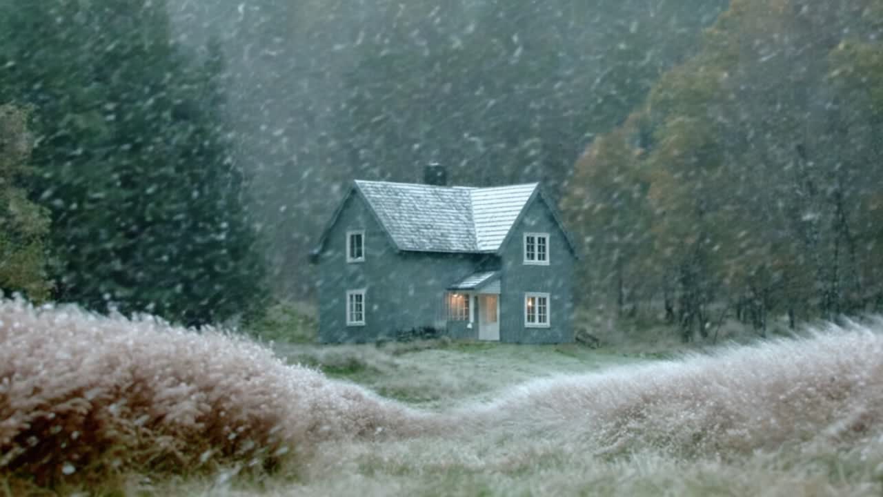 A Winter Wonderland: Captivating Views of a Cozy House Surrounded by Snowfall and Grassy Fields in a Serene Landscape
