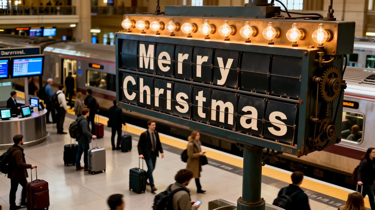 Dominating Merry Christmas sign centering in station as camera shifting, commuters boarding train