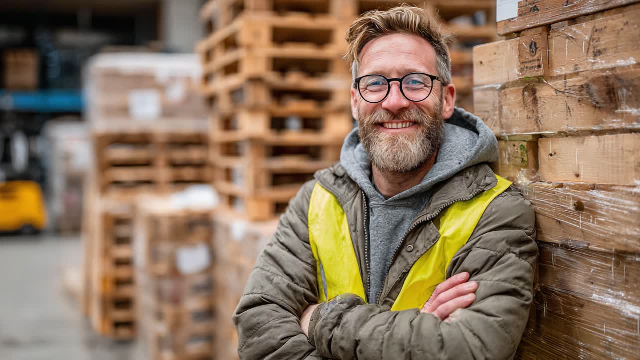 A Cheerful Worker Poses with Confidence Amidst Stacks of Wooden Pallets in a Warehouse Setting, Showcasing a Friendly and Professional Atmosphere