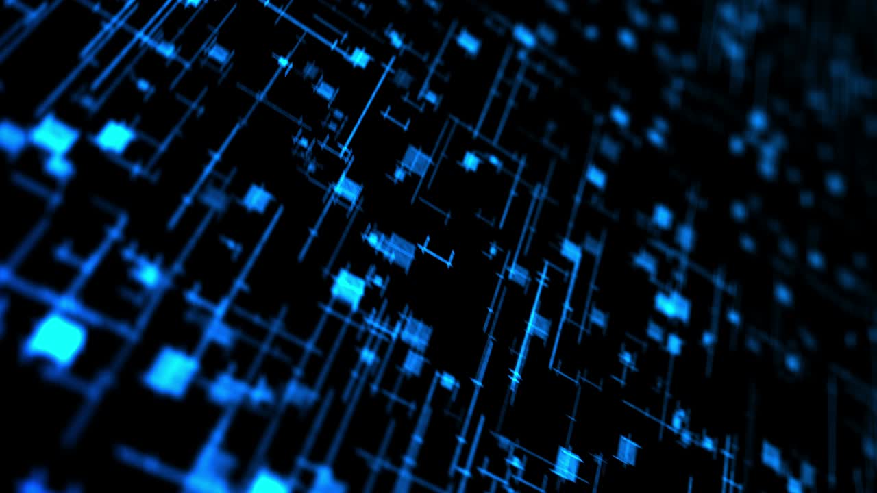 tecnología brillante de líneas de neón azul. concepto de negocio. representación 3d de cuadrados giratorios que se cruzan en fondo negro. animación de bucle.