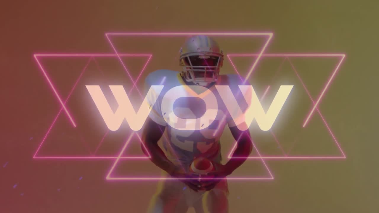 Animazione del testo 'Wow' su un giocatore di football americano su sfondo neon.