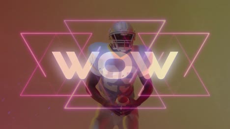 Animation-of-wow-text-over-american-football-player-on-neon-background