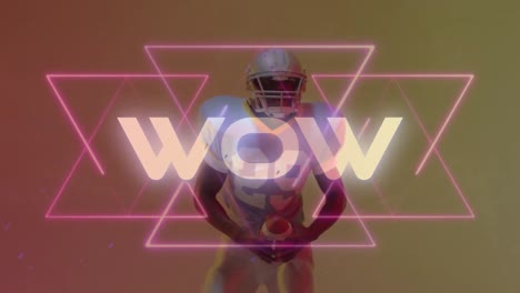 Animation-Von-Wow-Text-über-American-Football-Spieler-Auf-Neonhintergrund