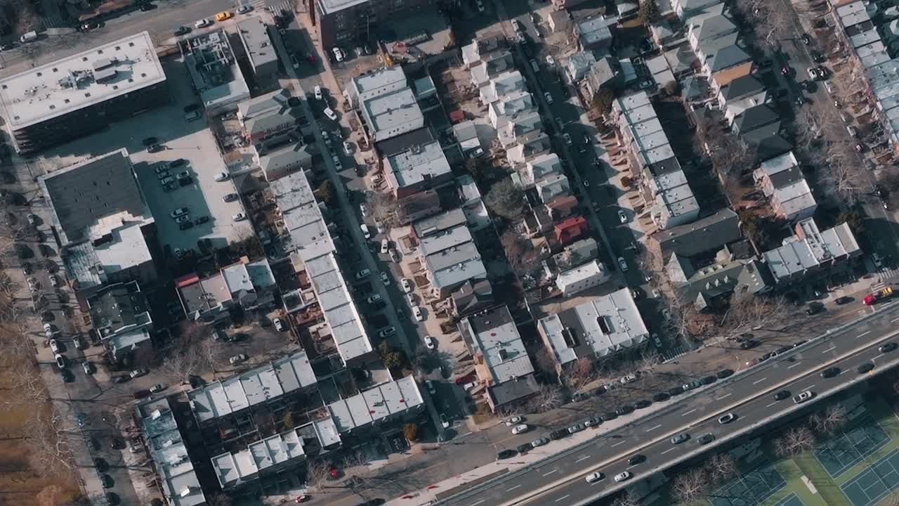 Birds eye view of New York City blocks and green space in winter
